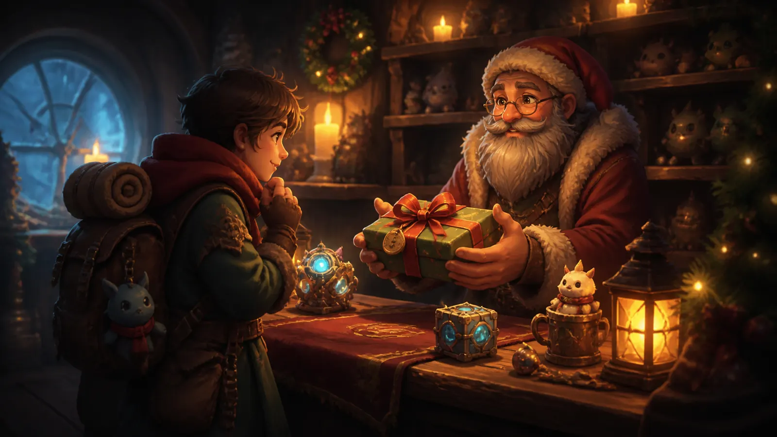 An illustrated figure being handed a small wrapped present across a counter by a Father Christmas.