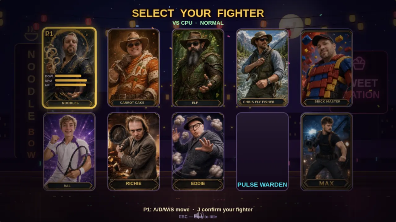 A ten-character select screen from a commissioned fighting game, each fighter painted from a photograph of a real person.