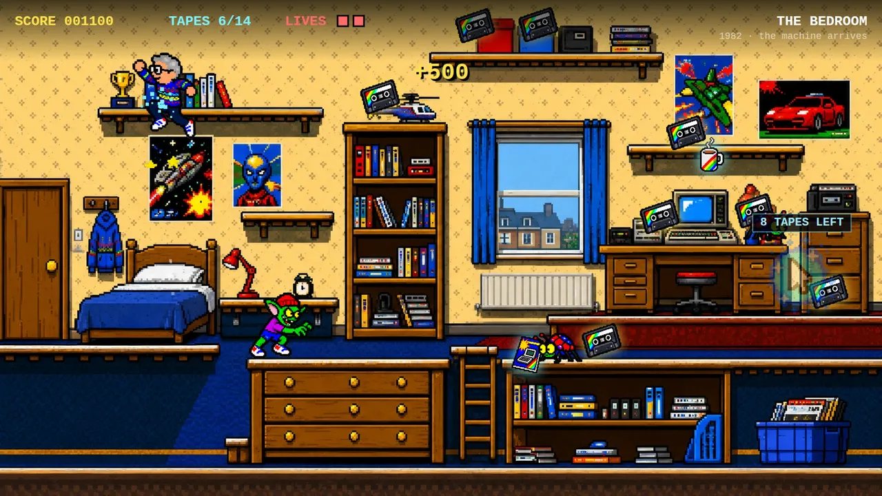 A bedroom level from a commissioned birthday game, with shelves and a computer on a desk.