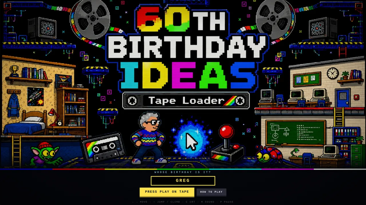 The title screen of a commissioned birthday game, painted in the style of an eighties home computer.