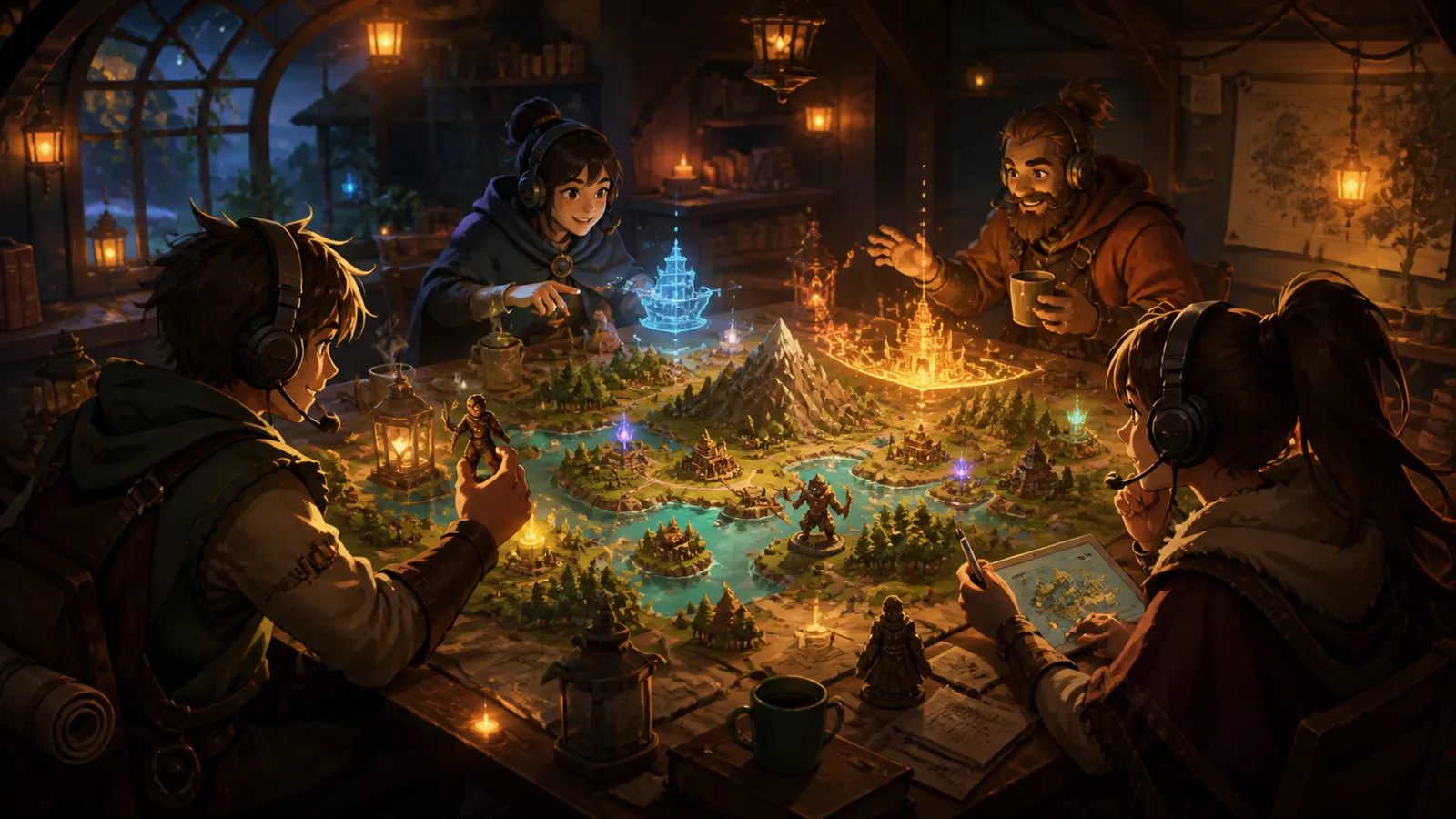 An illustrated team collaborating around a shared glowing map, each in their own lamplit space.