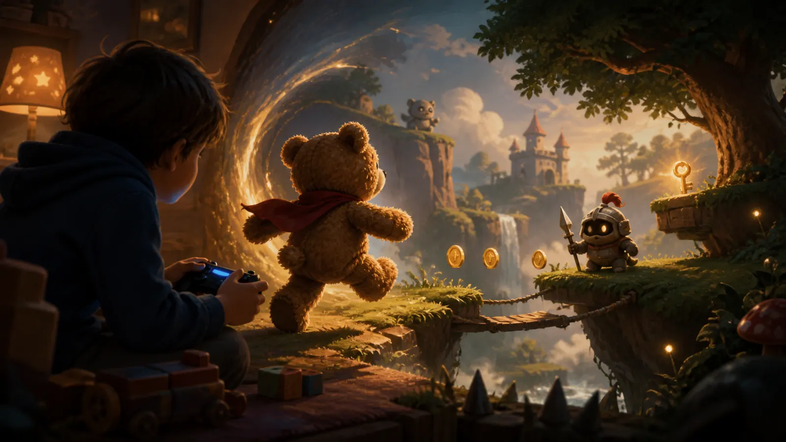 An illustrated child watching their teddy bear running through a game world on screen.