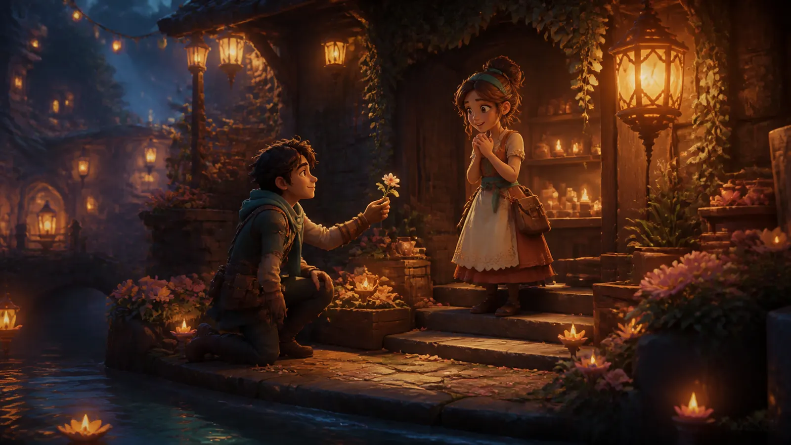 An illustrated proposal beside a canal at night, one figure kneeling with a single flower.