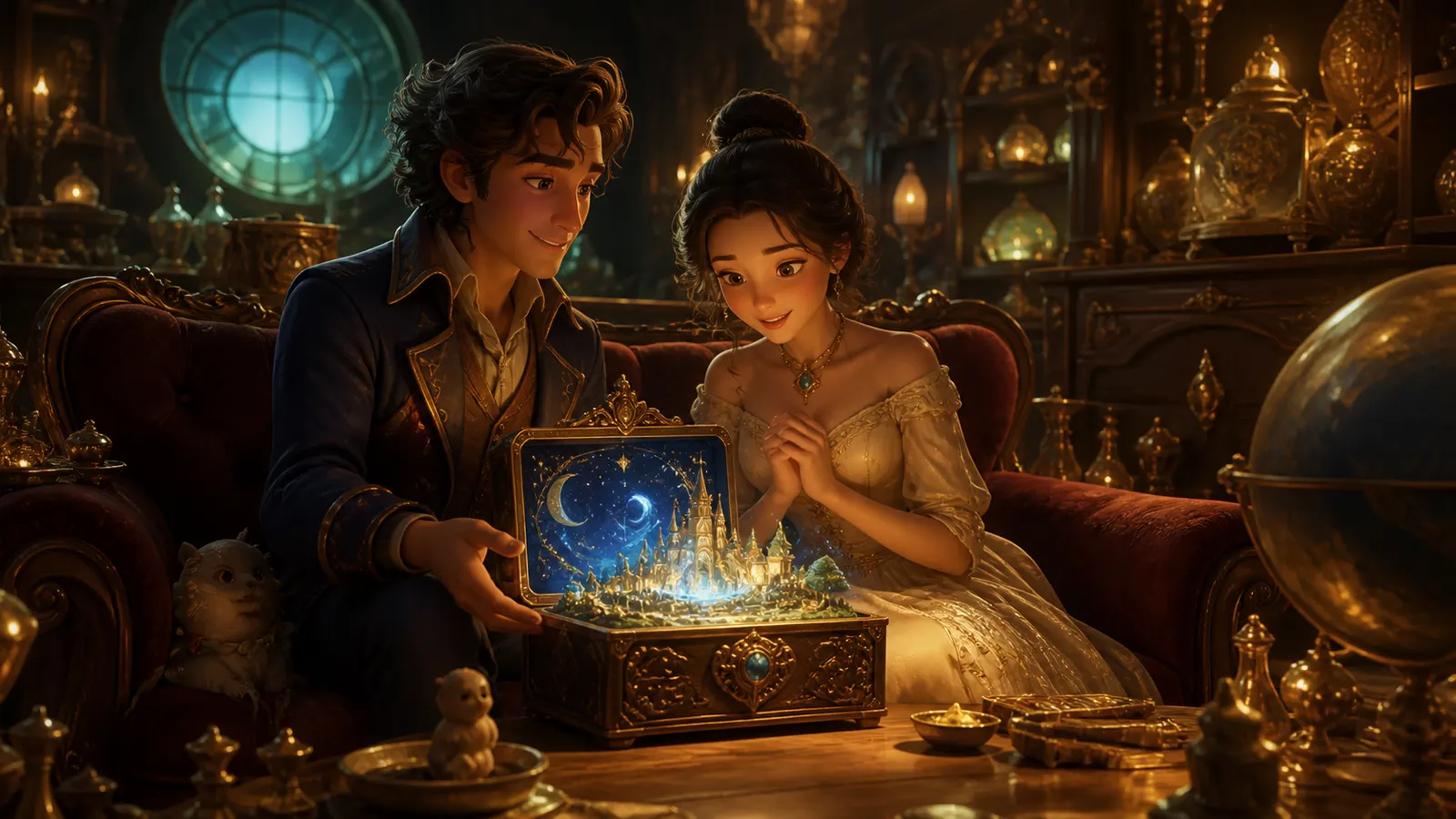 An illustrated couple opening a box that projects a starlit scene into the room.