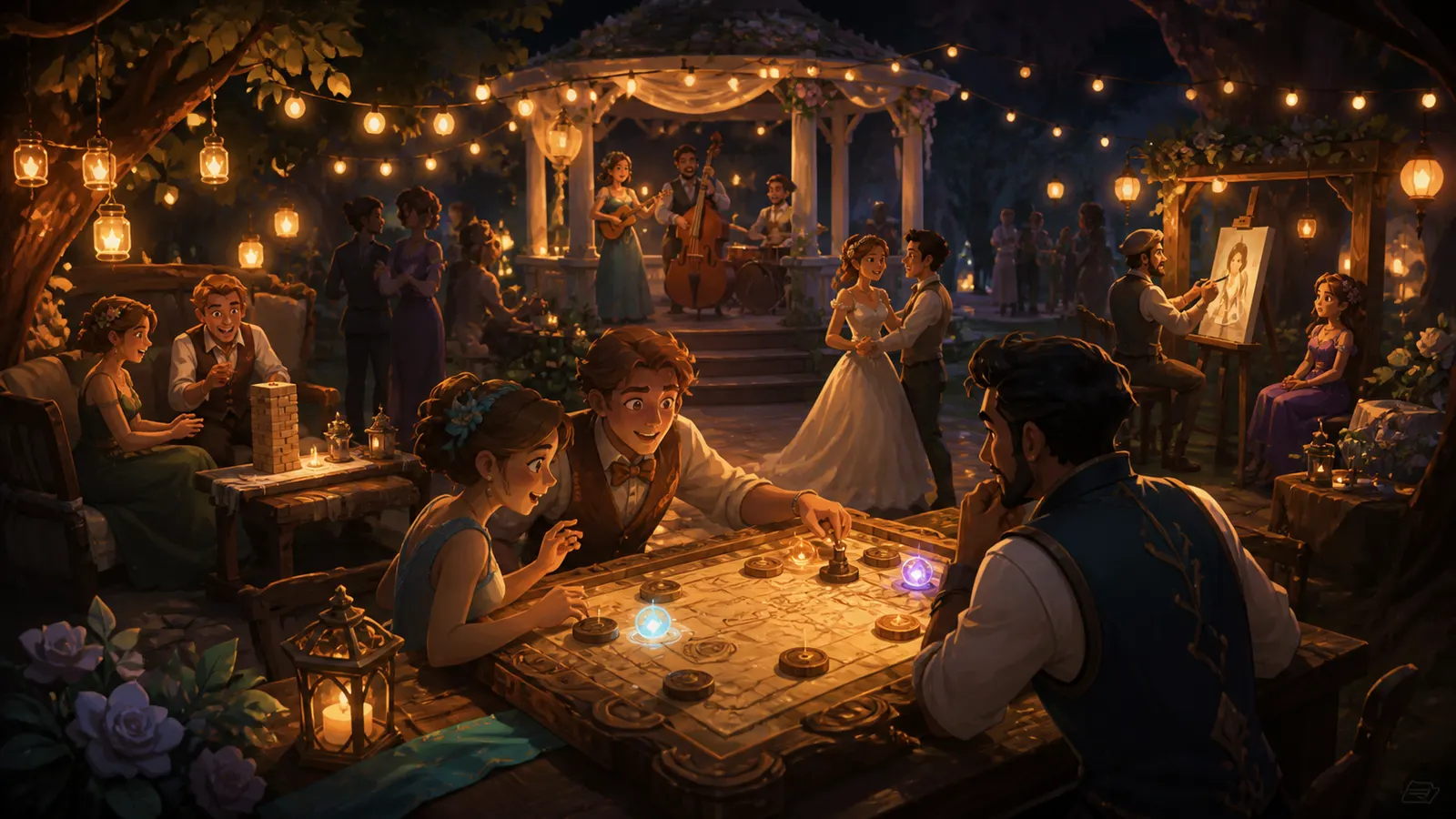 An illustrated wedding reception where guests play a table game while the couple dance behind them.