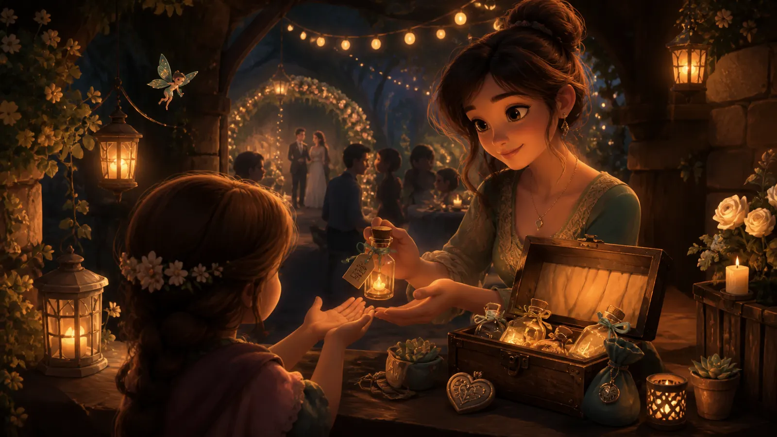 An illustrated wedding guest being handed a small keepsake from an open box.