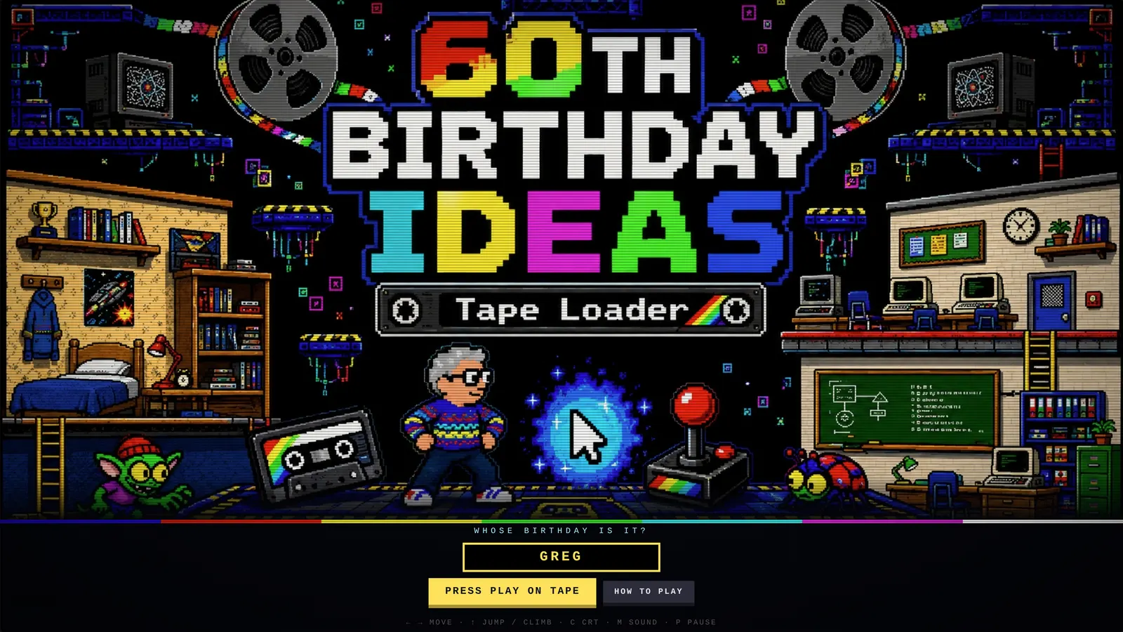 The title screen of a commissioned birthday game, painted in the style of an eighties home computer.