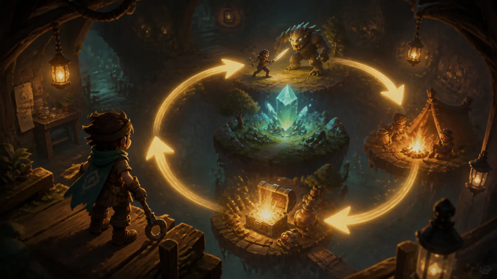 An illustrated character watching a cycle of four game states loop endlessly in front of them.