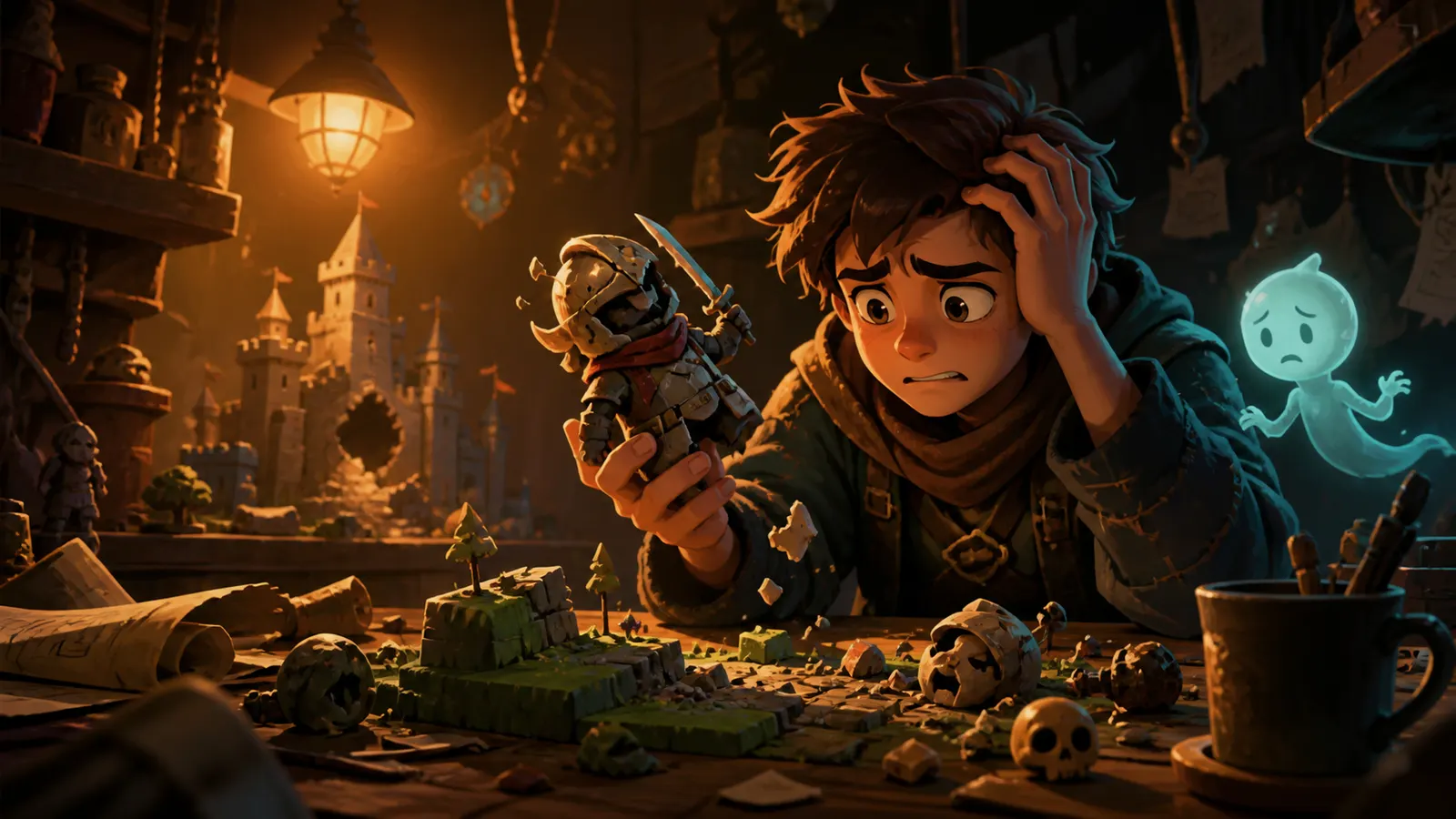 An illustrated developer holding their head over a desk of broken character pieces.