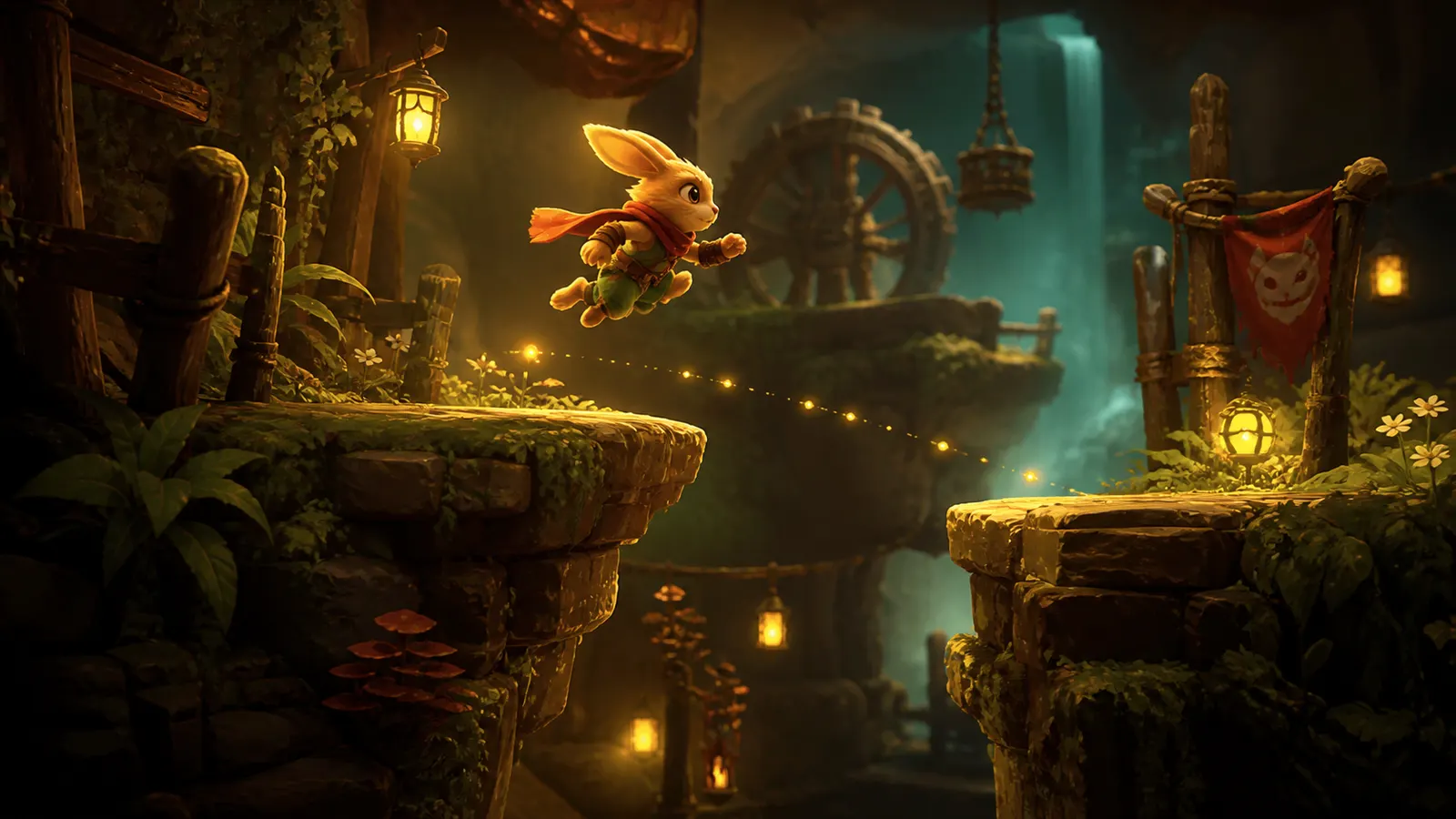 An illustrated rabbit character mid-jump between two mossy platforms in a lantern-lit level.