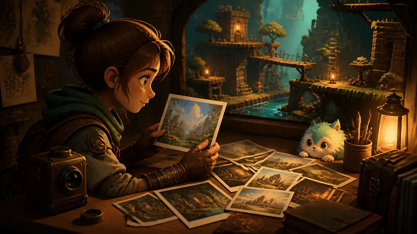An illustrated artist sorting through a spread of reference photographs at a desk.