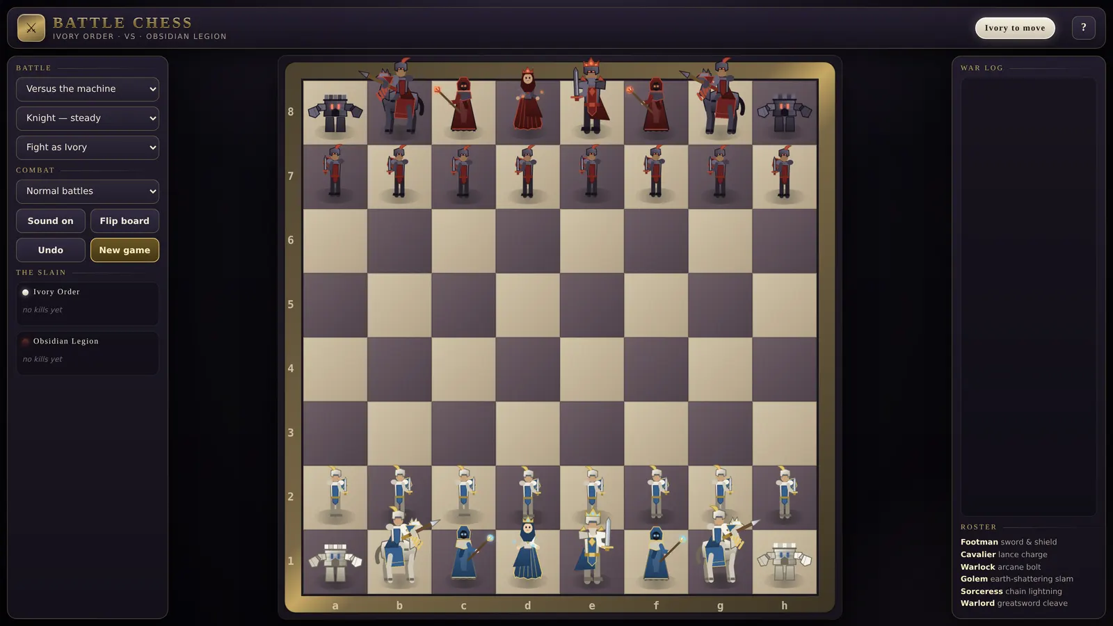 The opening position of a commissioned chess game, with two hand-painted armies facing each other.