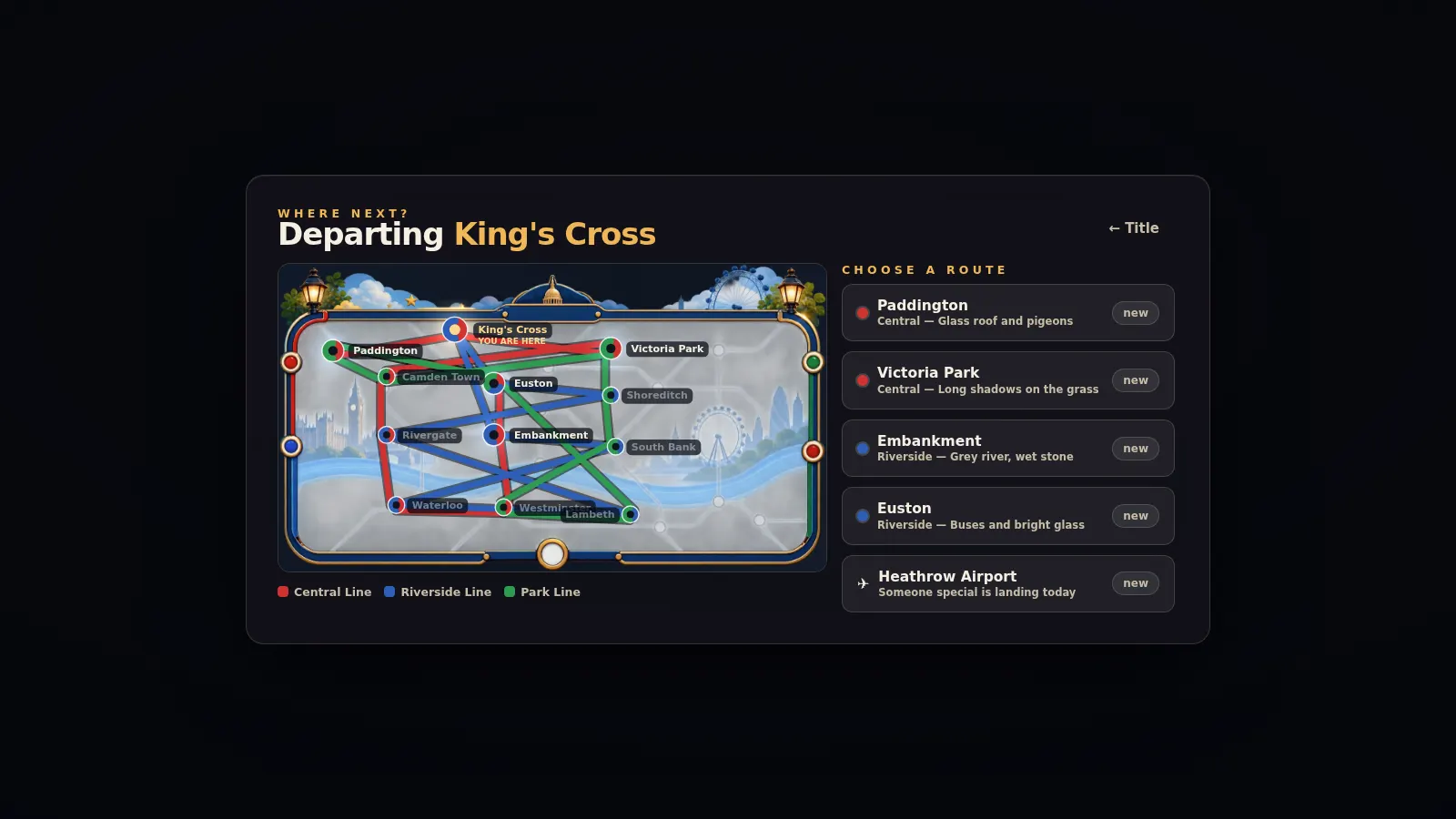 A hand-painted journey map from a commissioned adventure game, showing a route between illustrated locations.