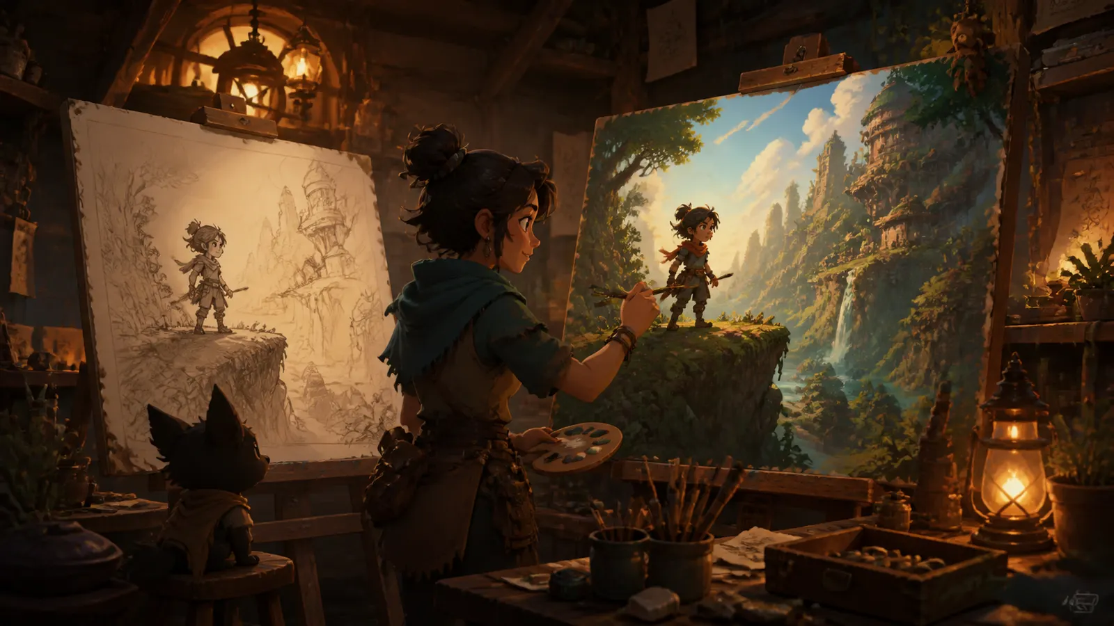 An illustrated artist working from a rough sketch on one canvas to finished art on the next.